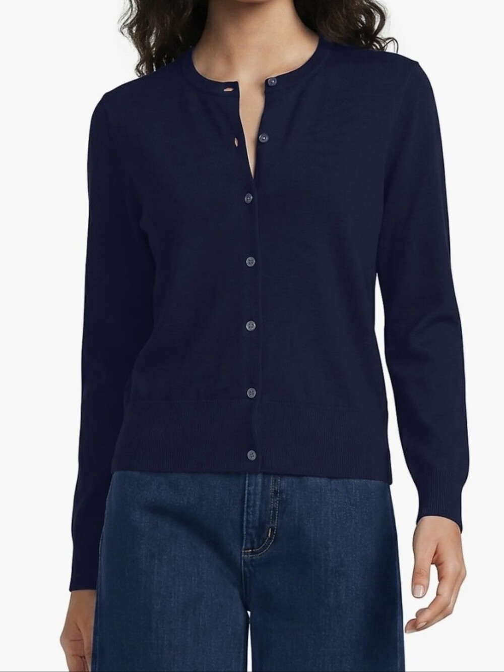 Lands' End Womens Deep Sea Navy Fine Gauge Crew Cardigan Sweater